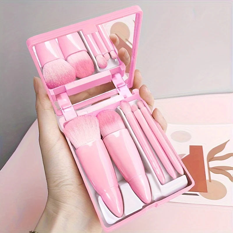 Set de 5 Pinceaux de Maquillage avec Miroir – Kit de Voyage Pliable & Compact