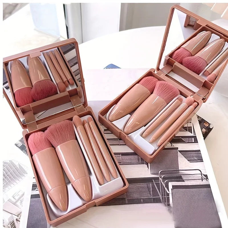 Set de 5 Pinceaux de Maquillage avec Miroir – Kit de Voyage Pliable & Compact
