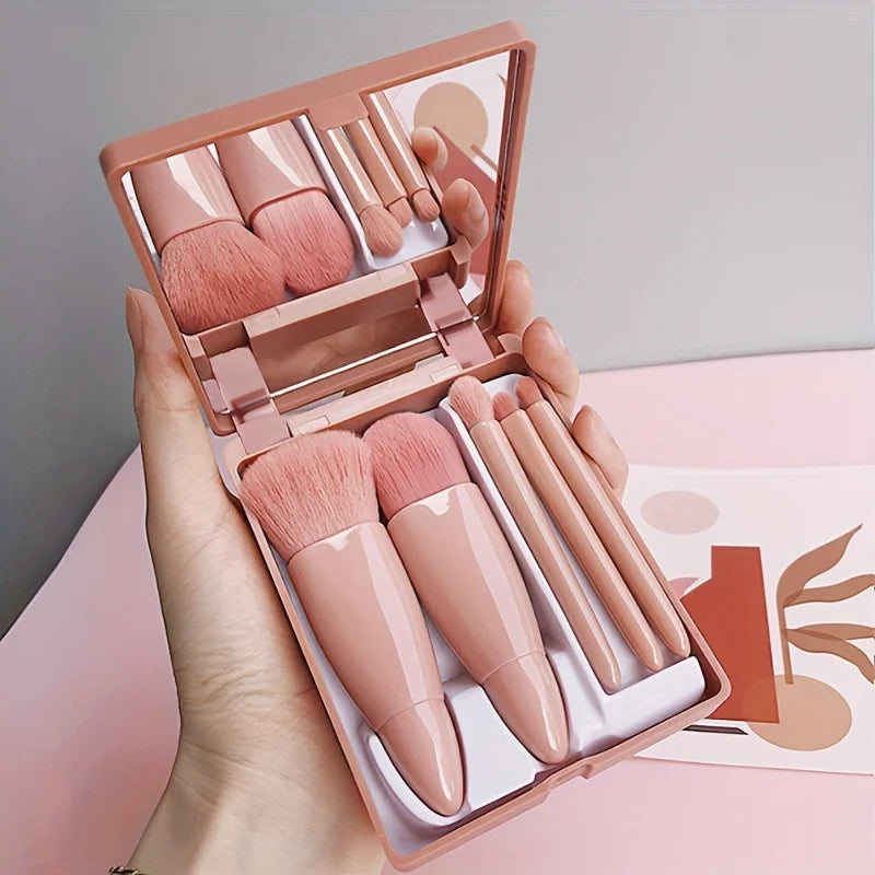 Set de 5 Pinceaux de Maquillage avec Miroir – Kit de Voyage Pliable & Compact