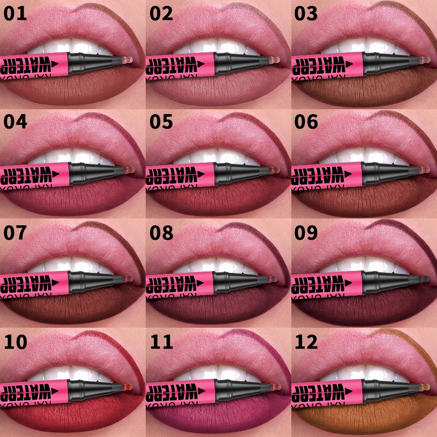 Crayon Lèvres Mat Waterproof – 12 Couleurs au Choix, Contour & Remplissage Naturel