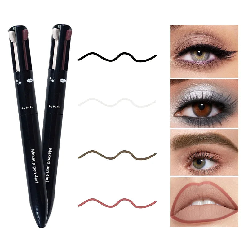 Crayon 4-en-1 multifonction – Lèvres, yeux, sourcils | Set de 4 couleurs essentielles pour un maquillage complet, pratique et stylé